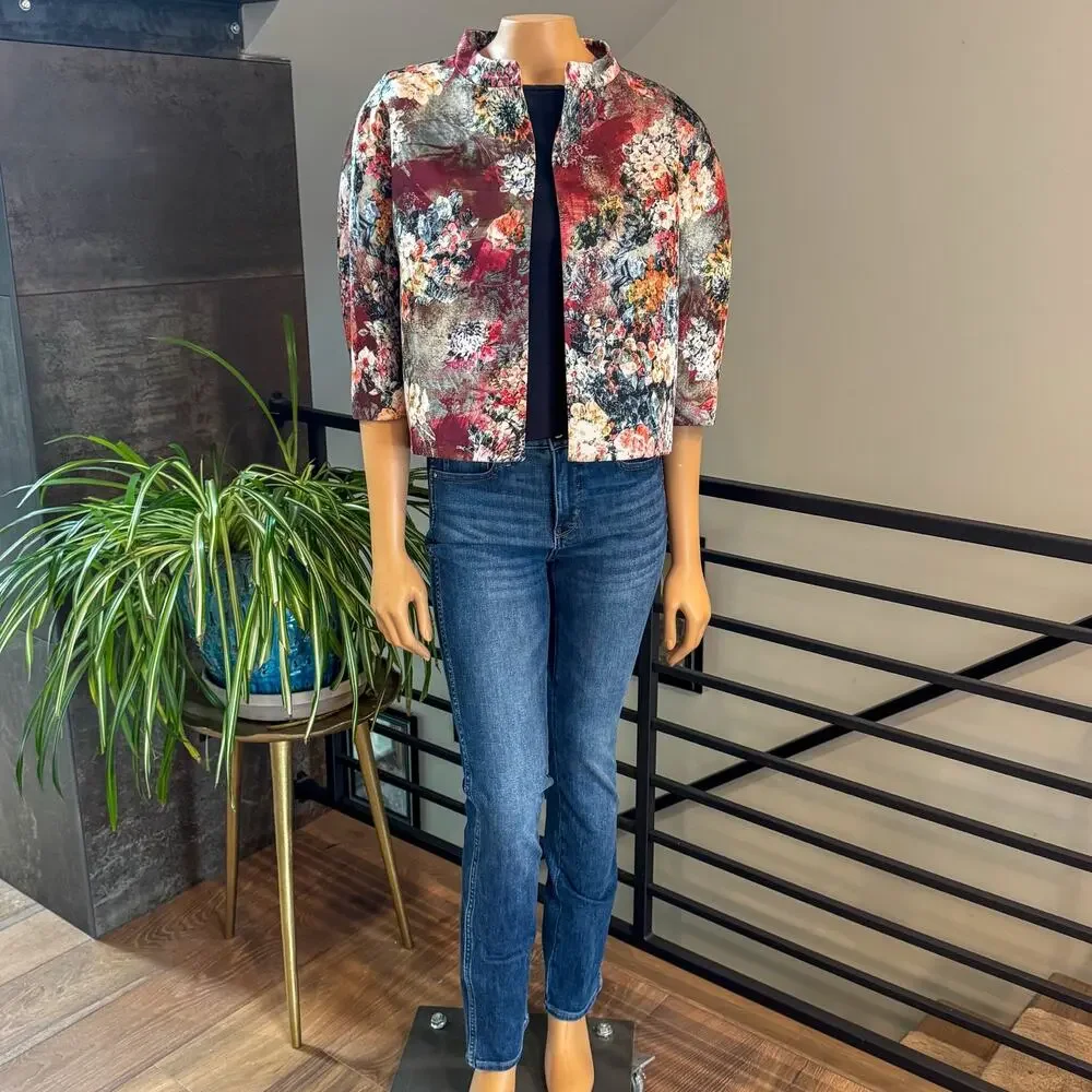 Vintage Blue Les Copains Jacquard Crop Floral Evening Jacket, Size US 8 / M / 44